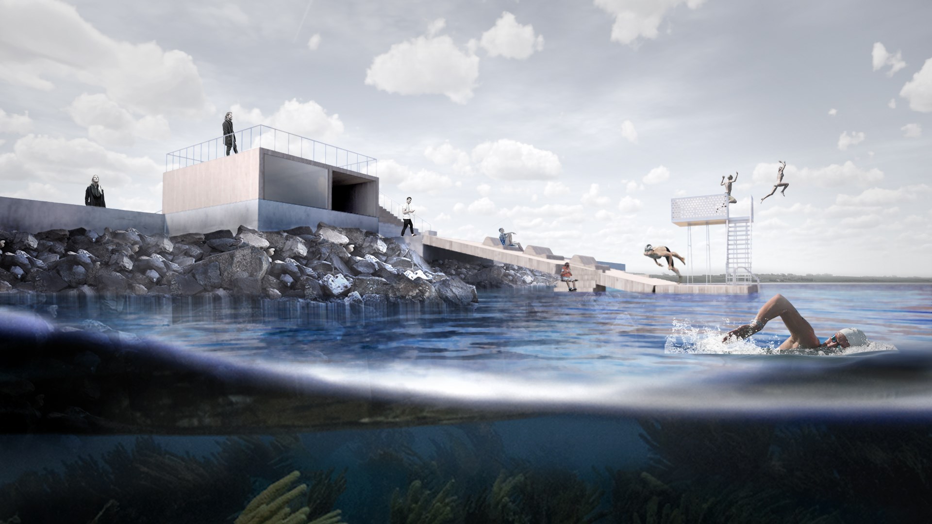 Visualisering fra JAJA Architects, der viser, hvordan det kommende outdoorcenter på Glyngøre Havn kommer til at se ud. 
