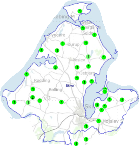 Kort over Skive Kommunes vandværker, der markerer, at der ikke er fundet PFAS nogen steder. 