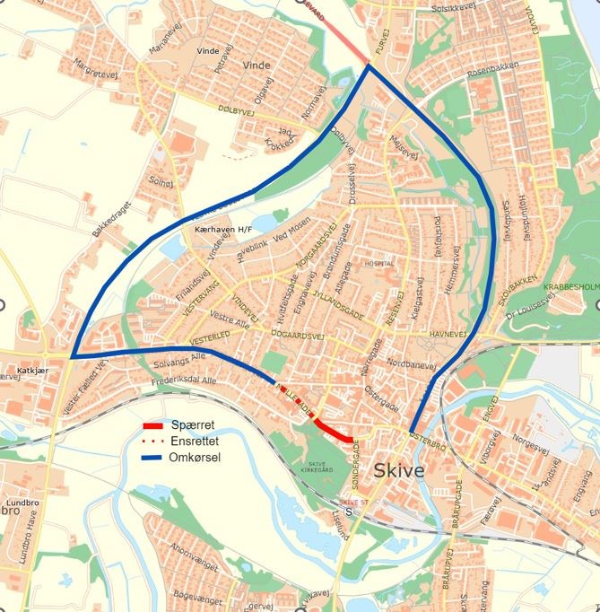 Kort over omkørsel ved 1. etape af vejspærring på Holstebrovej på grund af nedlægning af fjernvarmeledninger.