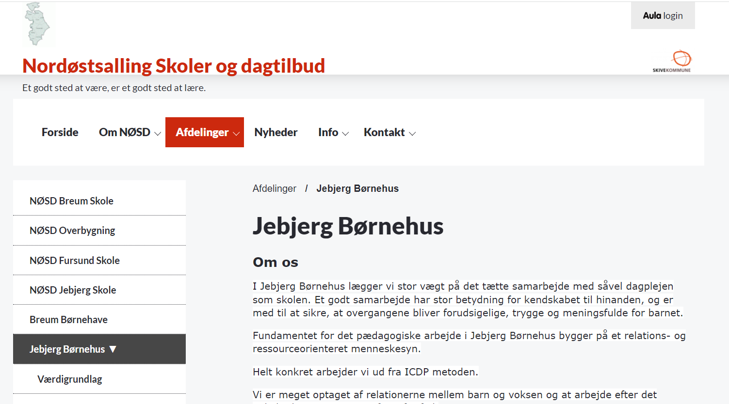Forside på Jebjerg Børnehus' hjemmeside - NØSD
