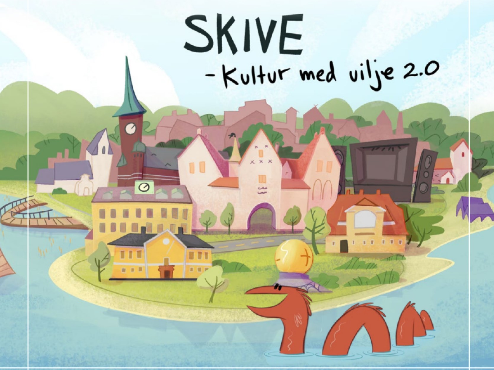 Billede med illustration af Skiveegnen og de store kulturelle institutioner herunder Skive Festival, Spøttrup Borg, kirkerne, Fur og Jenle
